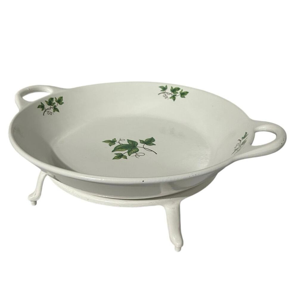 Vintage Prizer Ware Enamel Bale Dish Cast Iron Green Ivy D-11 w/ trivet